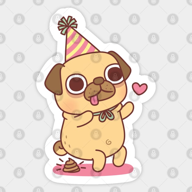 Cute Little Pug Poops At Party Funny Sticker by rustydoodle